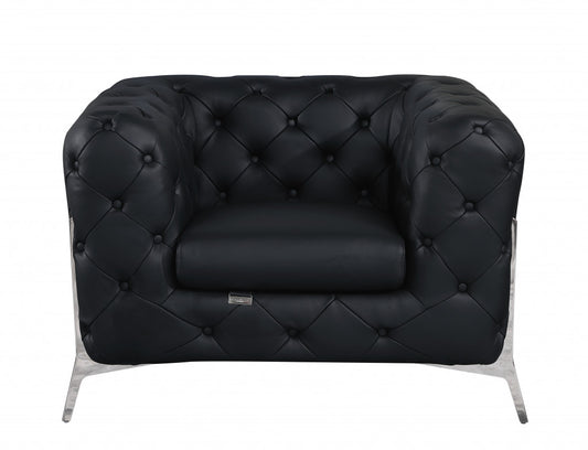 Glam Black and Chrome Tufted Leather Armchair By Homeroots | Armchairs | Modishstore