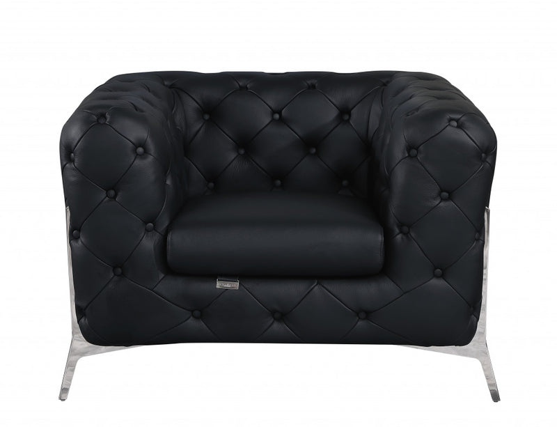 Glam Black and Chrome Tufted Leather Armchair By Homeroots | Armchairs | Modishstore