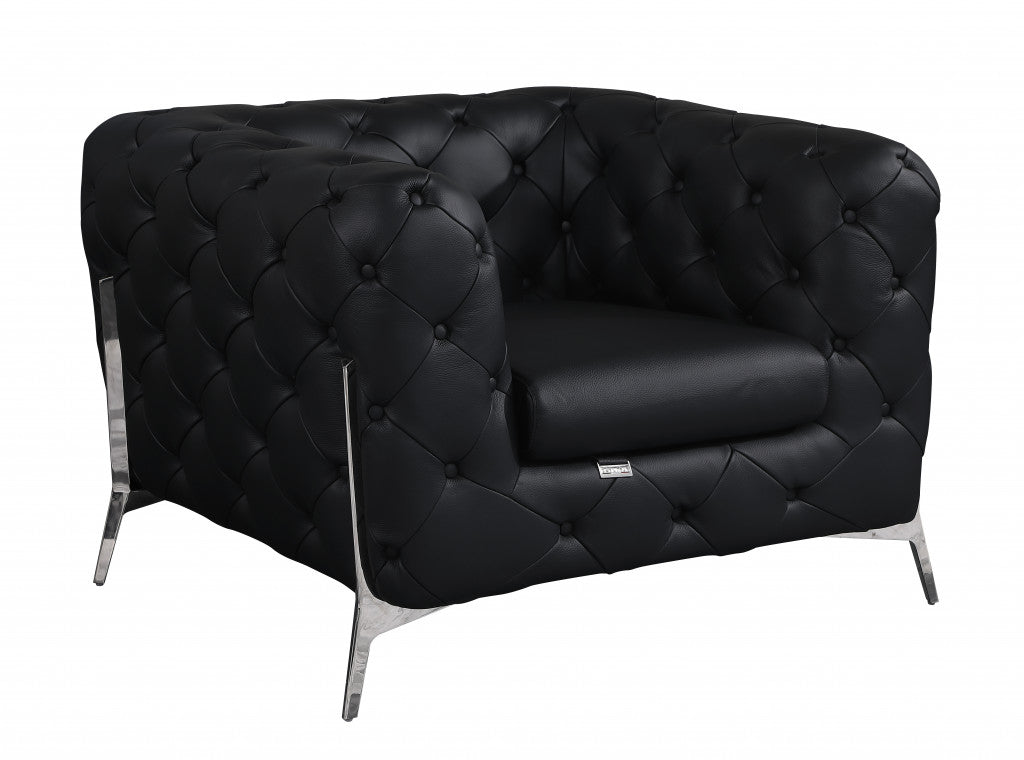 Glam Black and Chrome Tufted Leather Armchair By Homeroots | Armchairs | Modishstore - 2
