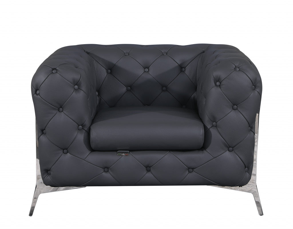 Glam Black and Chrome Tufted Leather Armchair By Homeroots | Armchairs | Modishstore - 16
