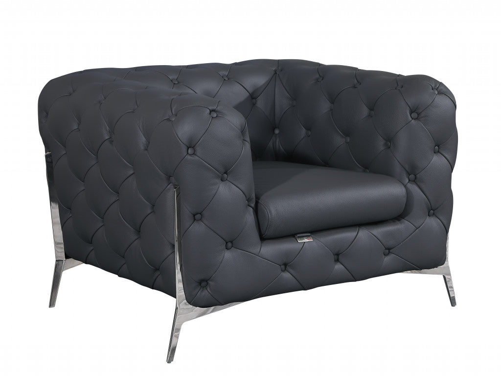 Glam Black and Chrome Tufted Leather Armchair By Homeroots | Armchairs | Modishstore - 17