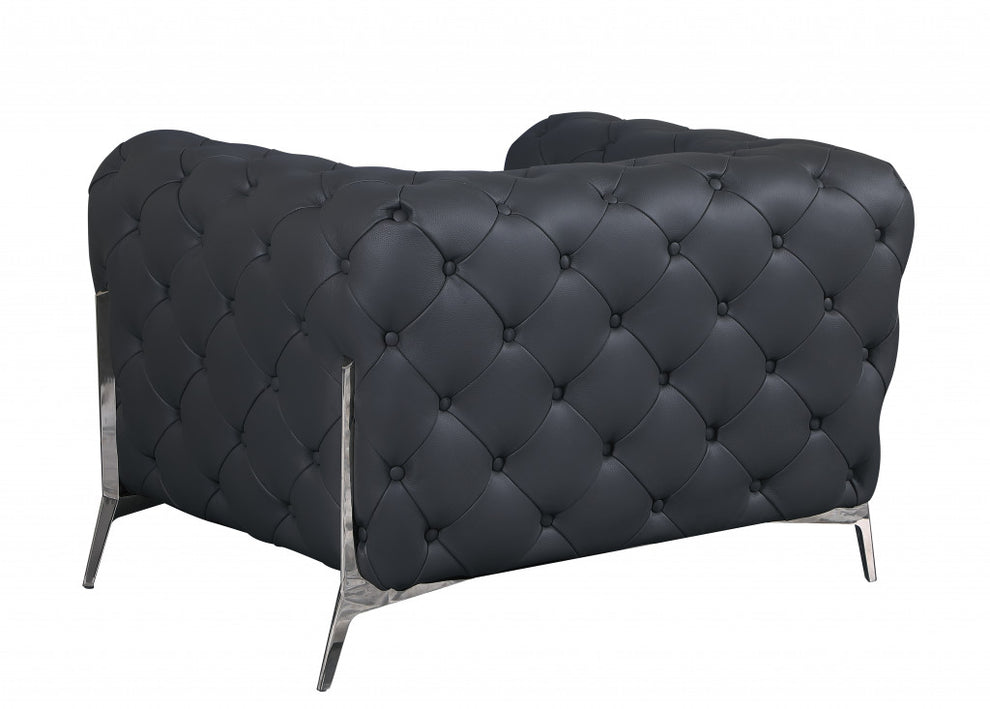 Glam Black and Chrome Tufted Leather Armchair By Homeroots | Armchairs | Modishstore - 18