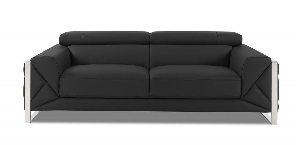 89" Black and Chrome Genuine Leather Standard Sofa By Homeroots | Sofas | Modishstore - 11