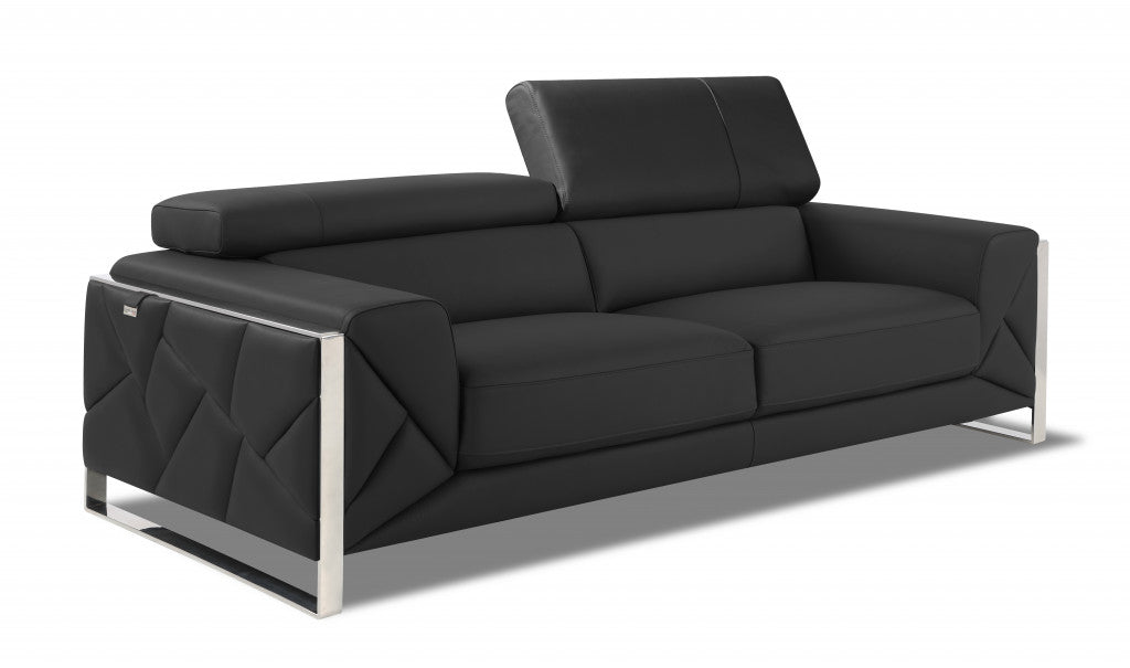 89" Black and Chrome Genuine Leather Standard Sofa By Homeroots | Sofas | Modishstore - 12