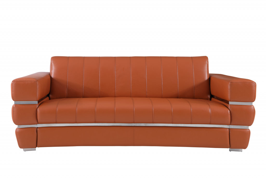 89" Camel Brown Chrome Accents Genuine Leather Standard Sofa By Homeroots | Sofas | Modishstore