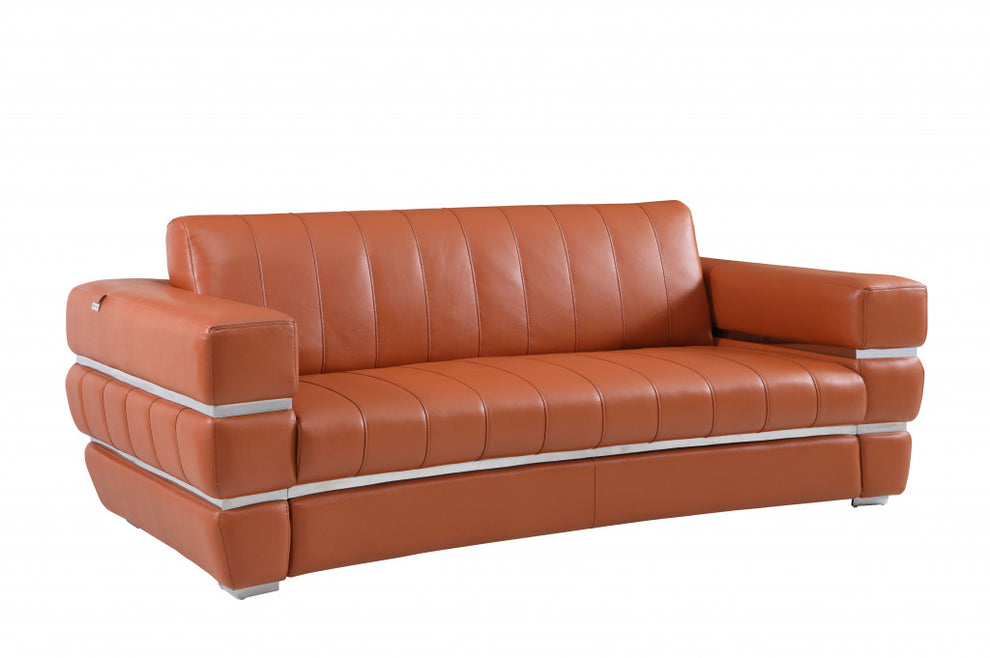 89" Camel Brown Chrome Accents Genuine Leather Standard Sofa By Homeroots | Sofas | Modishstore - 2