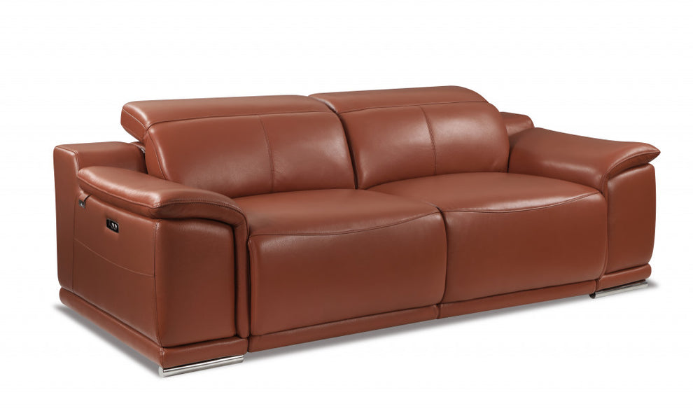 86" Camel Brown Genuine Leather Reclining Sofa By Homeroots | Sofas | Modishstore - 2