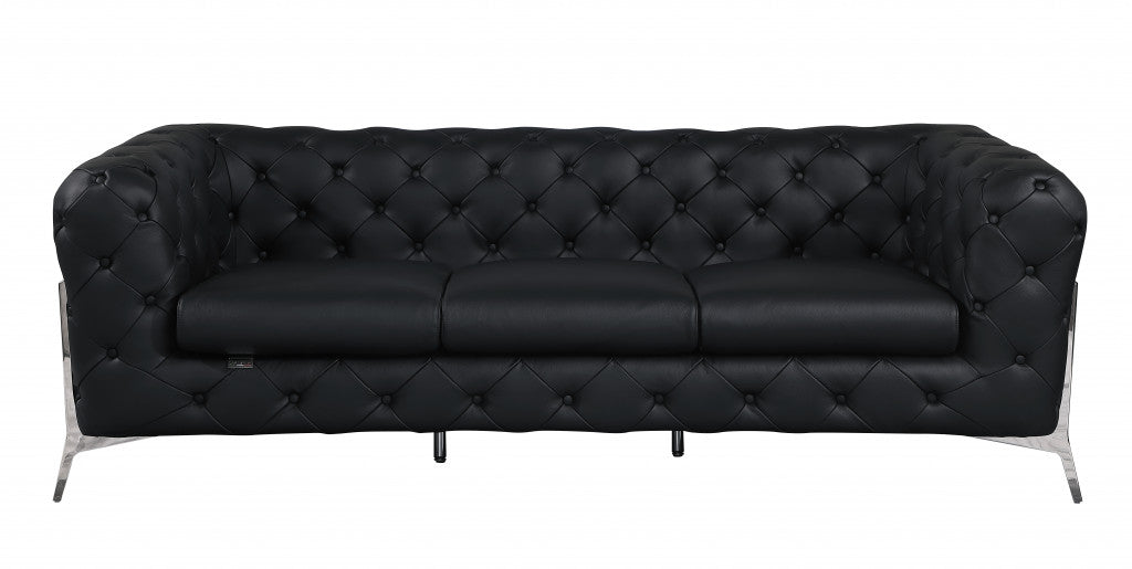 93" Black Genuine Tufted Leather and Chrome Standard Sofa By Homeroots | Sofas | Modishstore