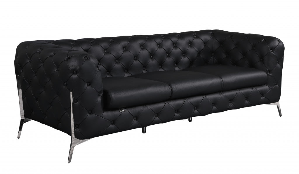 93" Black Genuine Tufted Leather and Chrome Standard Sofa By Homeroots | Sofas | Modishstore - 2