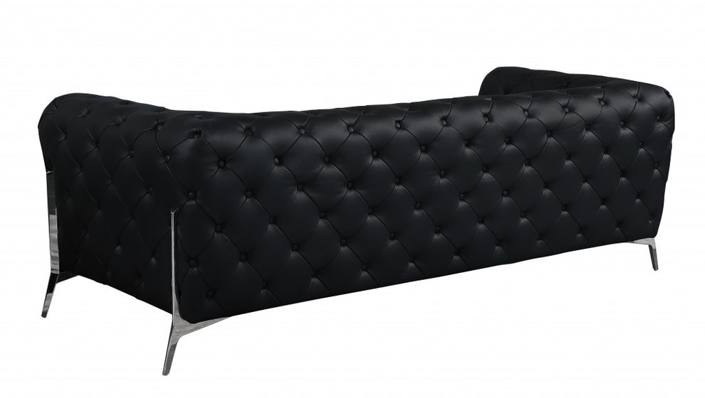 93" Black Genuine Tufted Leather and Chrome Standard Sofa By Homeroots | Sofas | Modishstore - 3