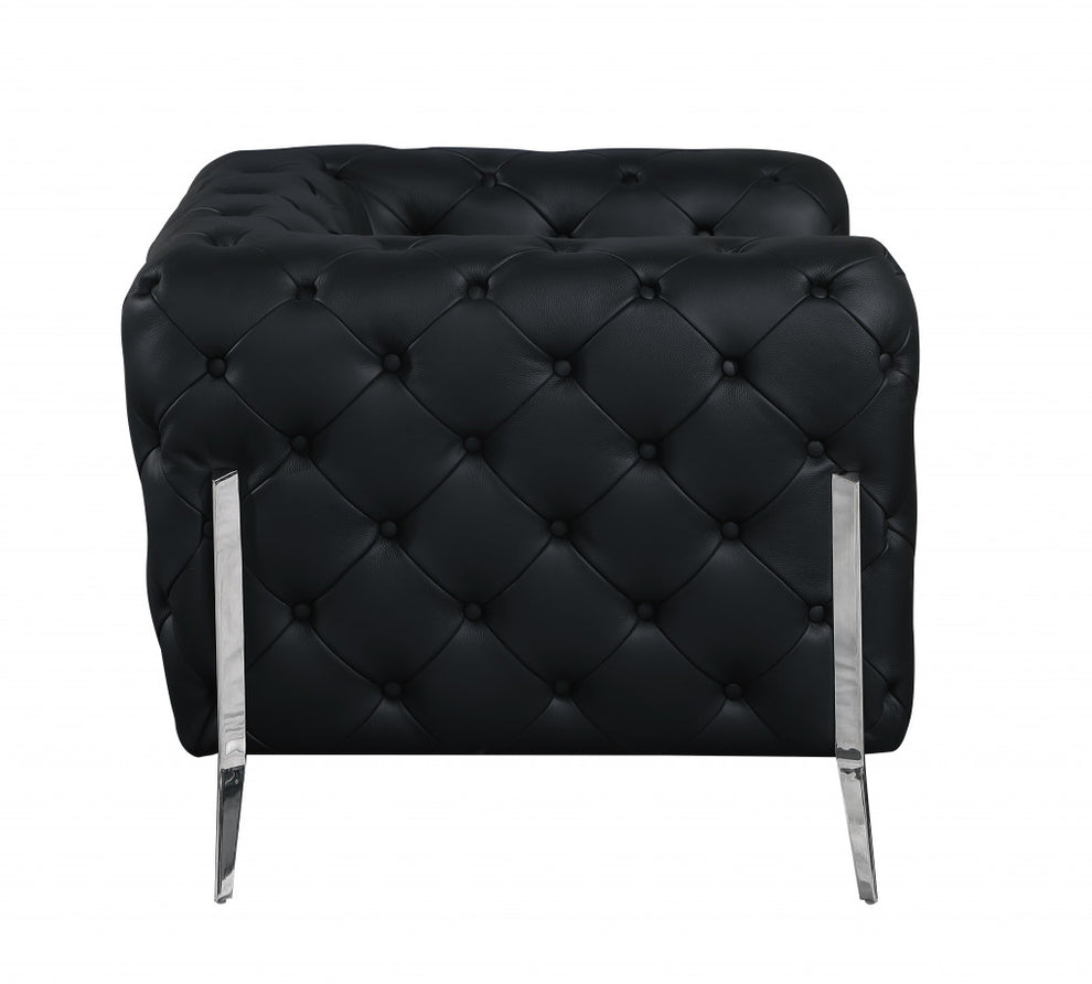 93" Black Genuine Tufted Leather and Chrome Standard Sofa By Homeroots | Sofas | Modishstore - 4
