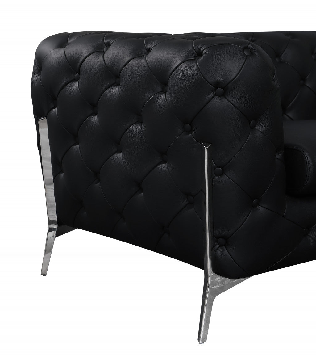 93" Black Genuine Tufted Leather and Chrome Standard Sofa By Homeroots | Sofas | Modishstore - 5