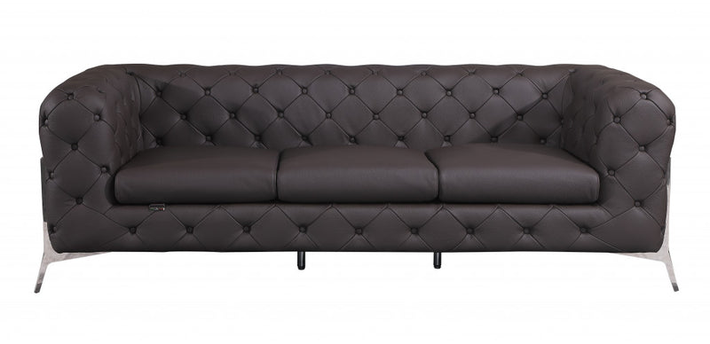 93" Black Genuine Tufted Leather and Chrome Standard Sofa By Homeroots | Sofas | Modishstore - 6