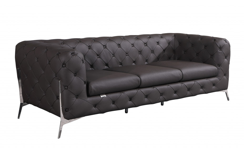 93" Black Genuine Tufted Leather and Chrome Standard Sofa By Homeroots | Sofas | Modishstore - 7