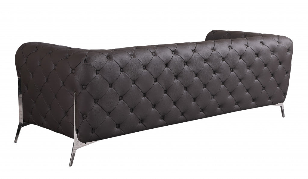93" Black Genuine Tufted Leather and Chrome Standard Sofa By Homeroots | Sofas | Modishstore - 8