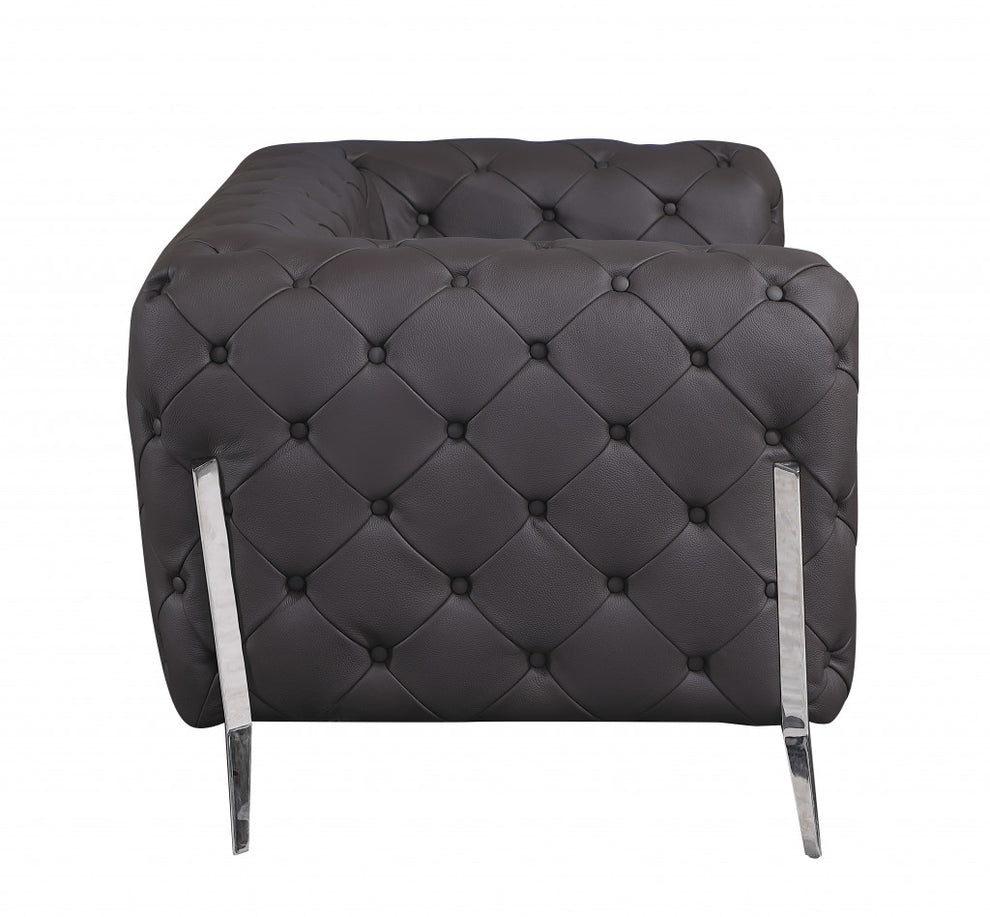 93" Black Genuine Tufted Leather and Chrome Standard Sofa By Homeroots | Sofas | Modishstore - 9