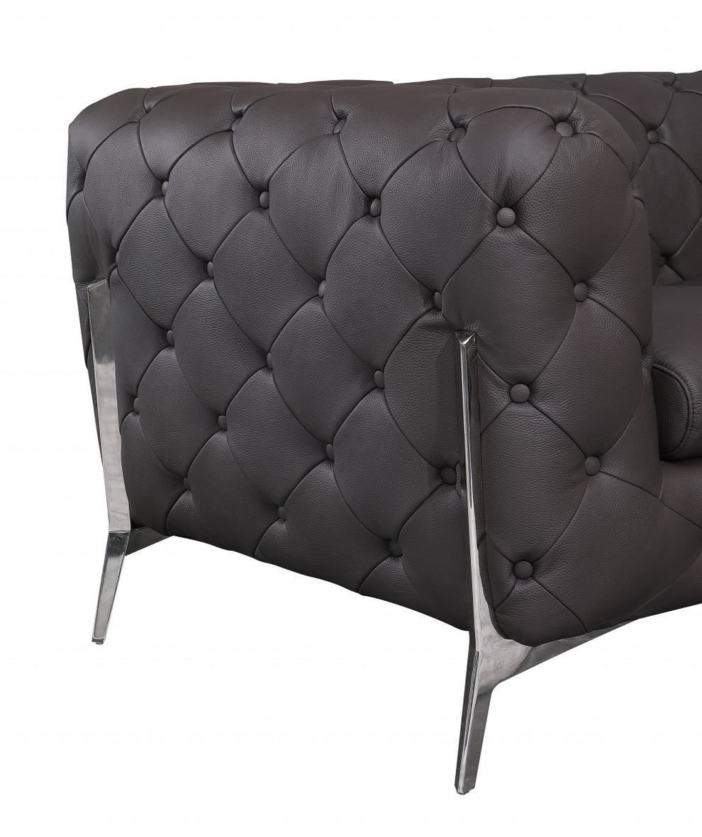93" Black Genuine Tufted Leather and Chrome Standard Sofa By Homeroots | Sofas | Modishstore - 10