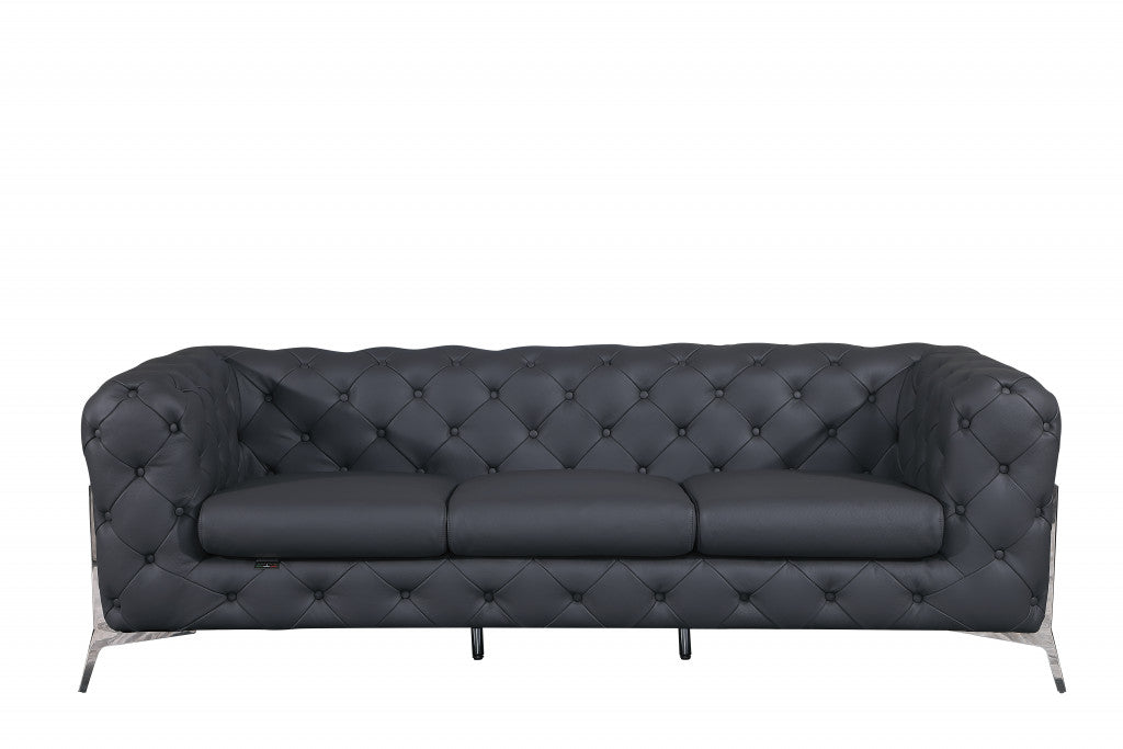 93" Black Genuine Tufted Leather and Chrome Standard Sofa By Homeroots | Sofas | Modishstore - 16