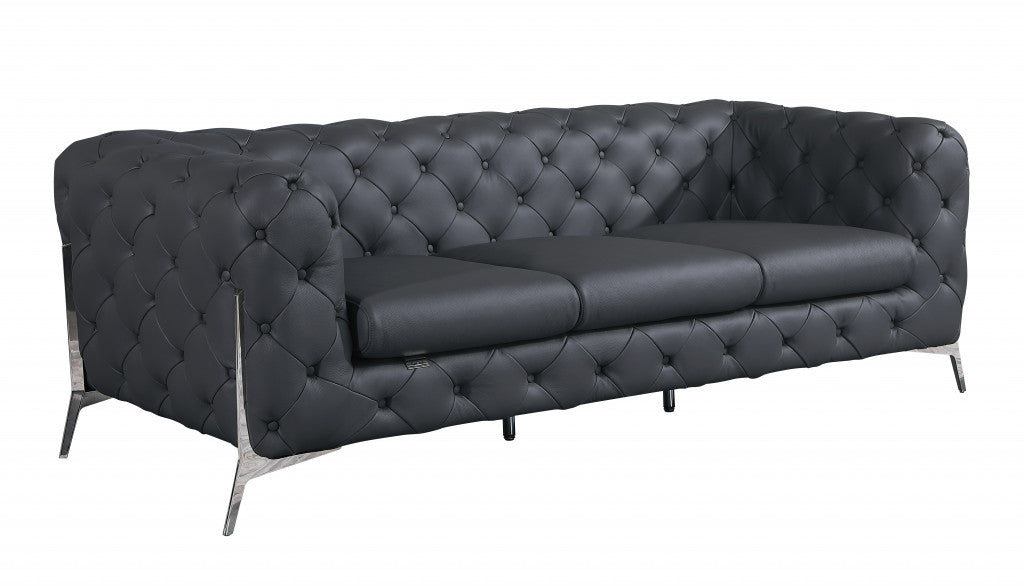 93" Black Genuine Tufted Leather and Chrome Standard Sofa By Homeroots | Sofas | Modishstore - 17