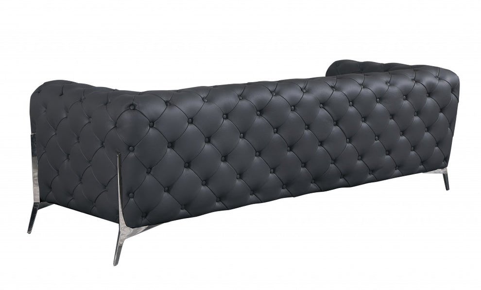 93" Black Genuine Tufted Leather and Chrome Standard Sofa By Homeroots | Sofas | Modishstore - 18
