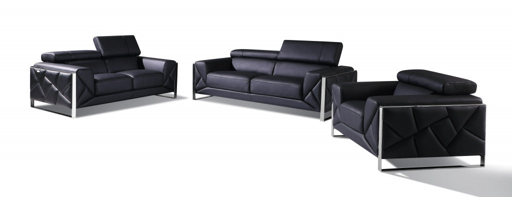 Three Piece Black Italian Leather Six Person Seating Set By Homeroots | Sofa Set | Modishstore
