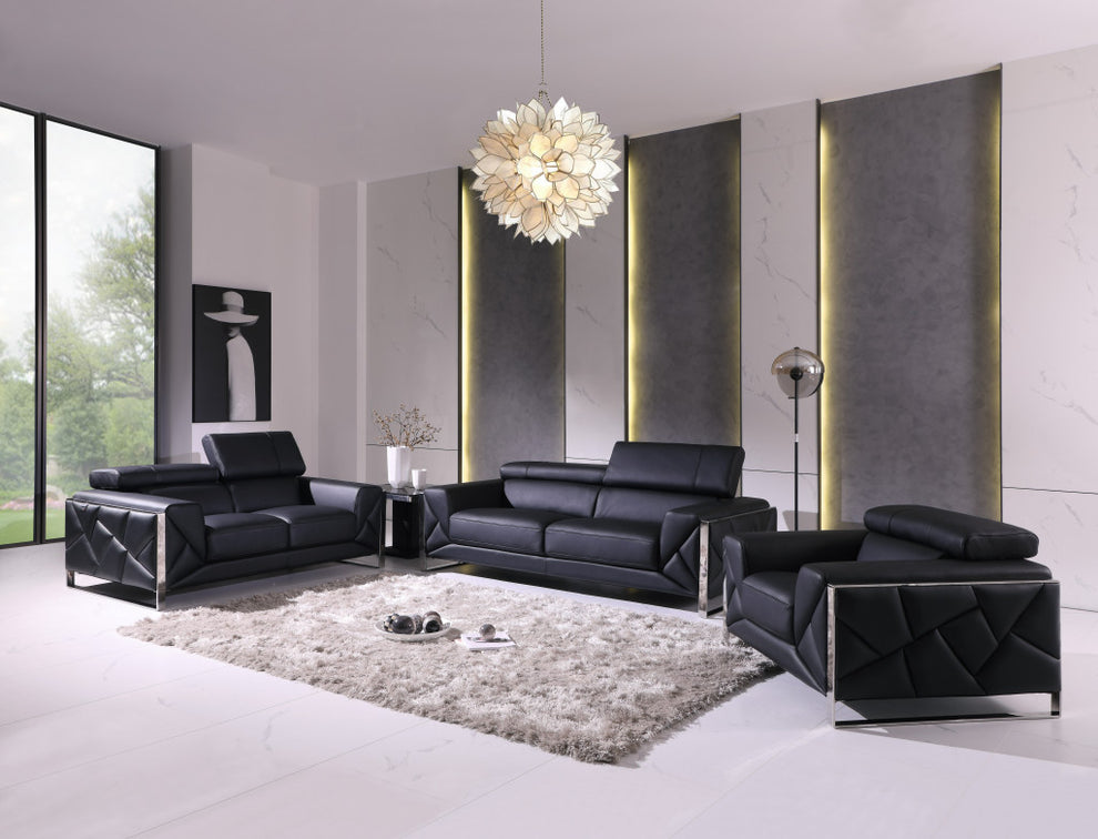Three Piece Black Italian Leather Six Person Seating Set By Homeroots | Sofa Set | Modishstore - 6