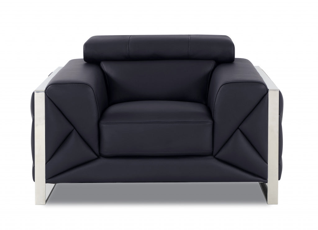 Three Piece Black Italian Leather Six Person Seating Set By Homeroots | Sofa Set | Modishstore - 3
