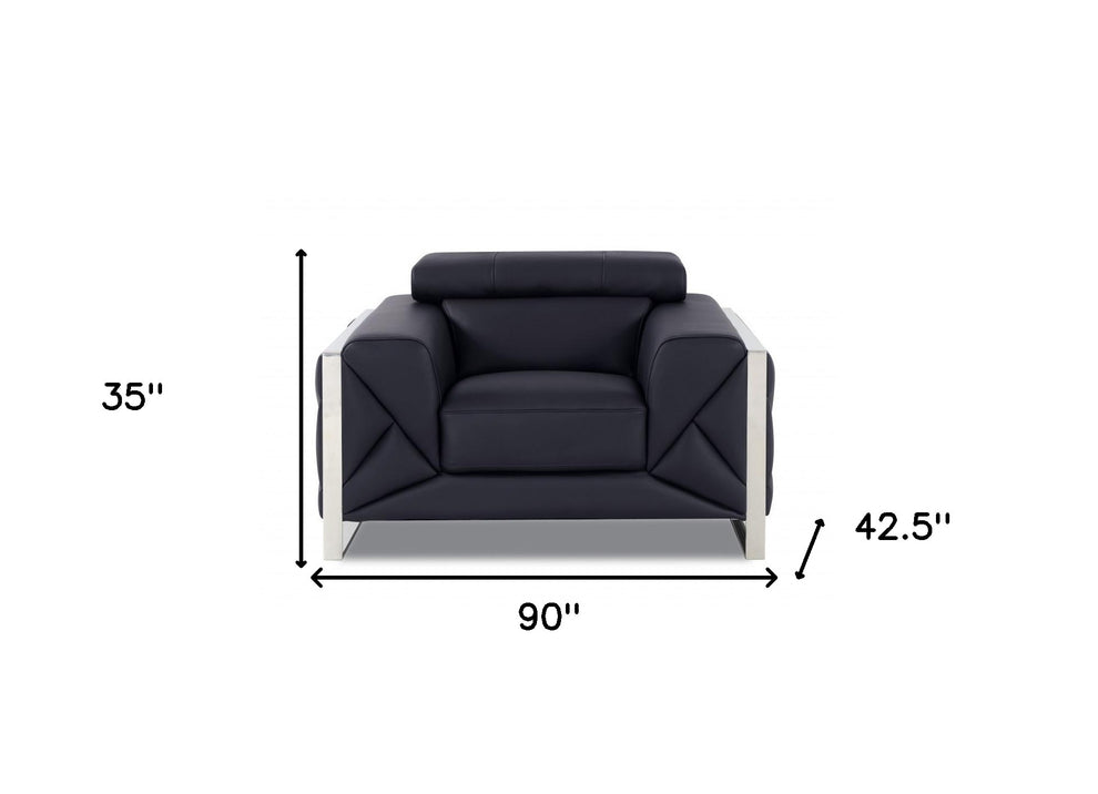Three Piece Black Italian Leather Six Person Seating Set By Homeroots | Sofa Set | Modishstore - 7