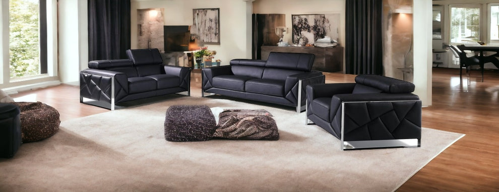 Three Piece Black Italian Leather Six Person Seating Set By Homeroots | Sofa Set | Modishstore - 2