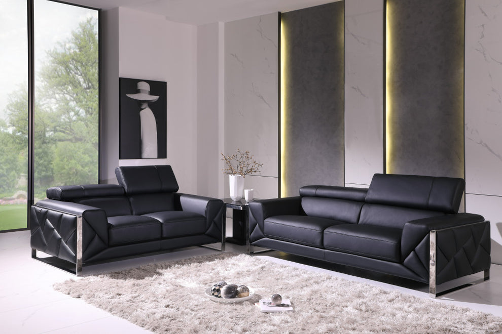 Two Piece Black Italian Leather Five Person Seating Set By Homeroots | Sofa Set | Modishstore - 6