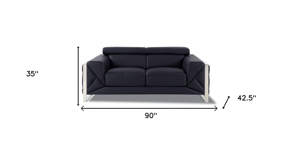 Two Piece Black Italian Leather Five Person Seating Set By Homeroots | Sofa Set | Modishstore - 7
