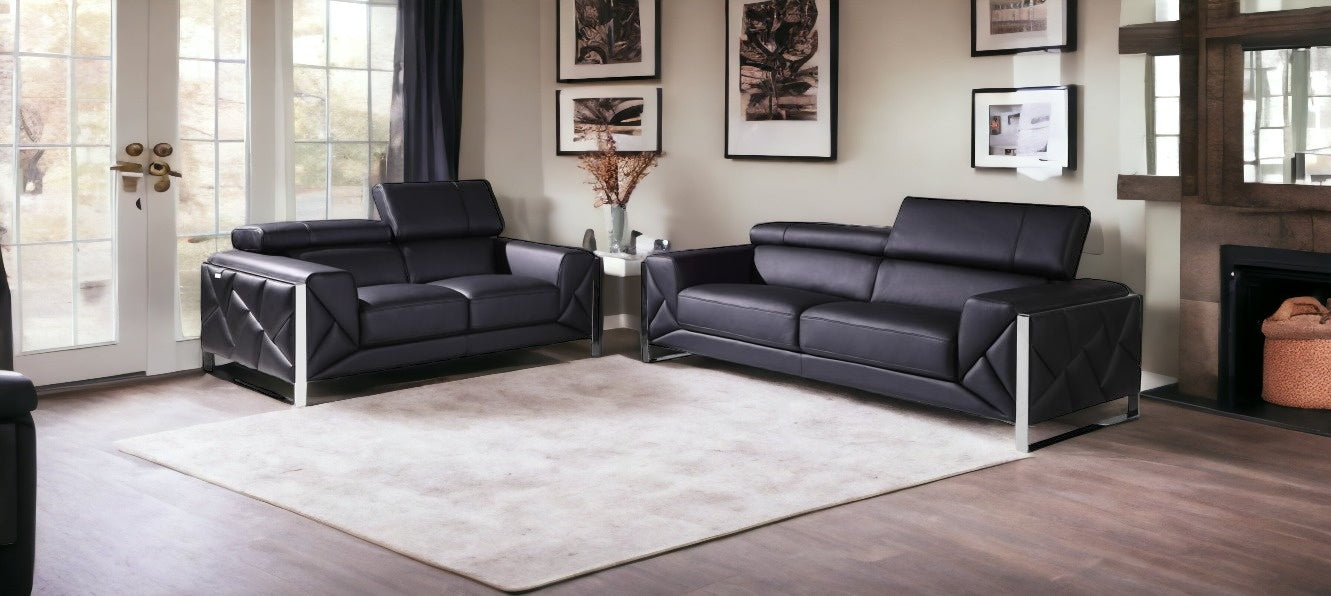 Two Piece Black Italian Leather Five Person Seating Set By Homeroots | Sofa Set | Modishstore - 2
