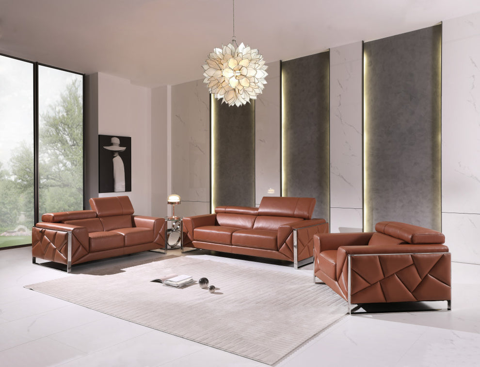 Three Piece Camel Italian Leather Six Person Seating Set By Homeroots | Sofa Set | Modishstore - 6