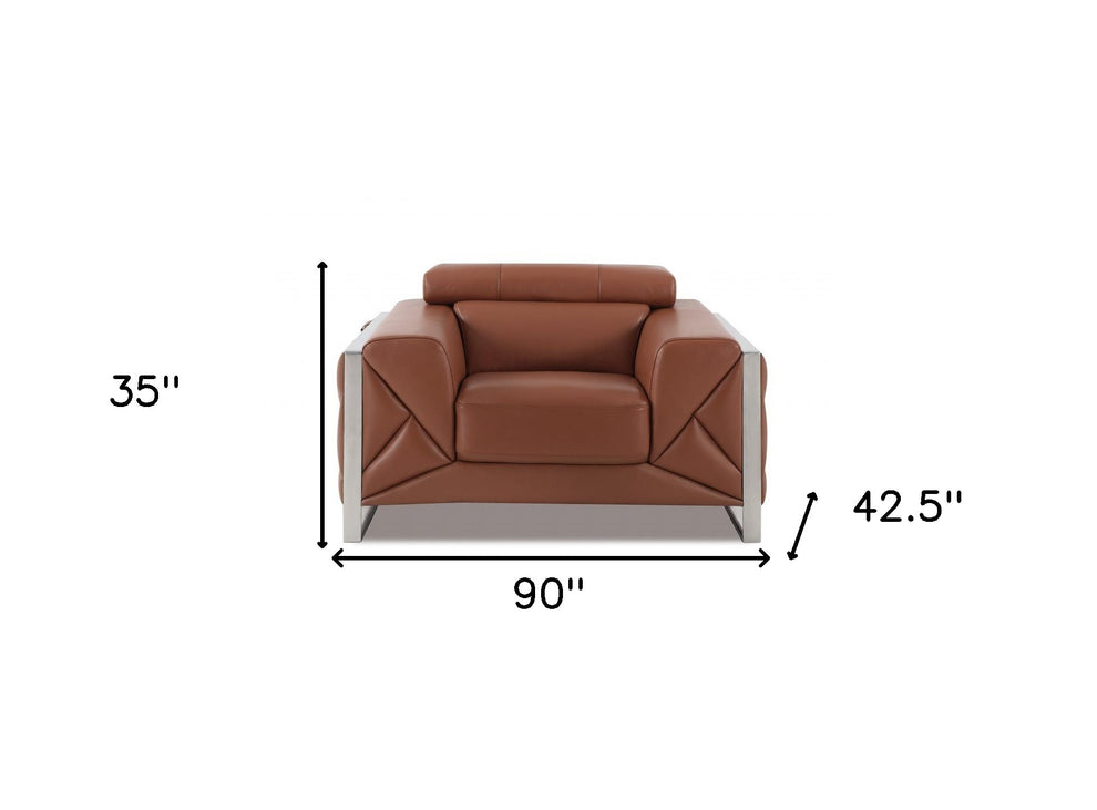 Three Piece Camel Italian Leather Six Person Seating Set By Homeroots | Sofa Set | Modishstore - 7