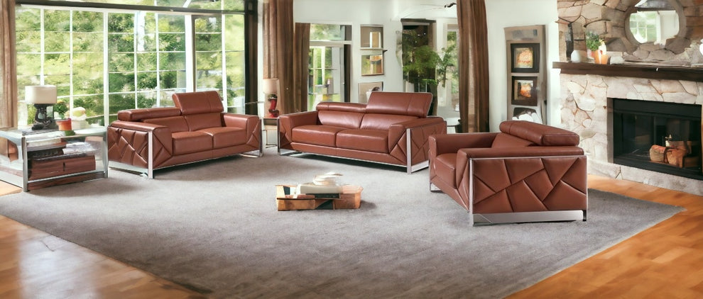 Three Piece Camel Italian Leather Six Person Seating Set By Homeroots | Sofa Set | Modishstore - 2