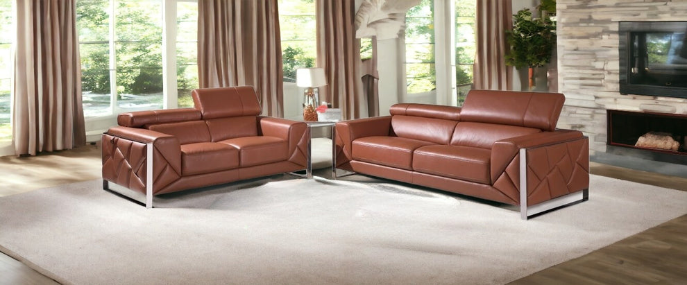 Two Piece Camel Italian Leather Five Person Seating Set By Homeroots | Sofa Set | Modishstore - 2