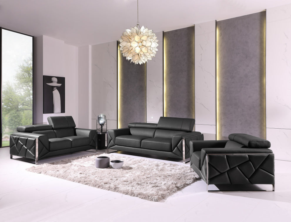 Three Piece Dark Gray Italian Leather Six Person Seating Set By Homeroots | Sofa Set | Modishstore - 6