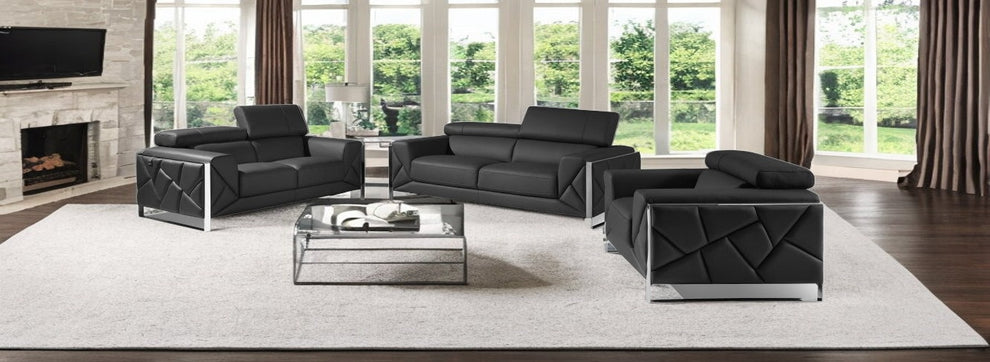 Three Piece Dark Gray Italian Leather Six Person Seating Set By Homeroots | Sofa Set | Modishstore - 2