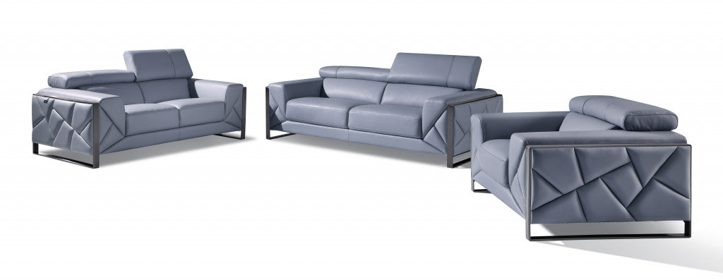 Three Piece Light Blue Italian Leather Six Person Seating Set By Homeroots | Sofa Set | Modishstore