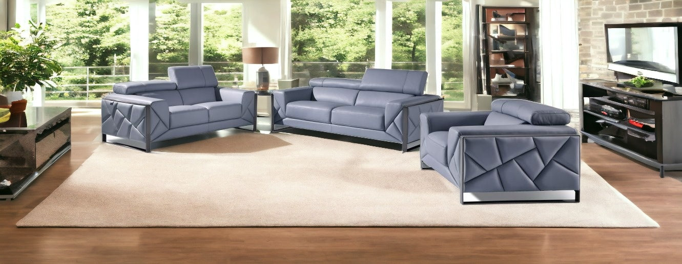 Three Piece Light Blue Italian Leather Six Person Seating Set By Homeroots | Sofa Set | Modishstore - 2