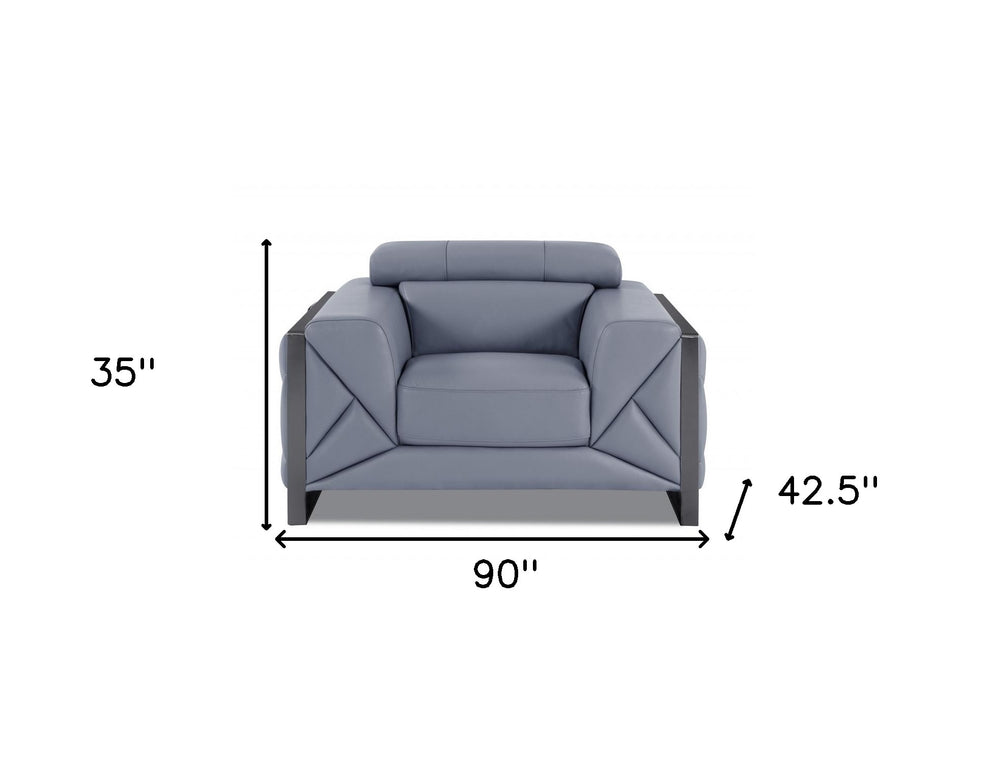 Three Piece Light Blue Italian Leather Six Person Seating Set By Homeroots | Sofa Set | Modishstore - 7