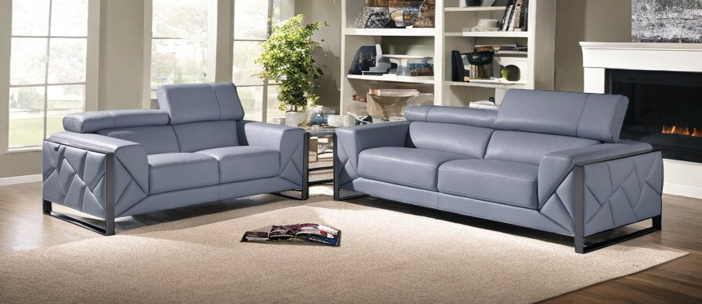 Two Piece Light Blue Italian Leather Five Person Seating Set By Homeroots | Sofa Set | Modishstore - 2