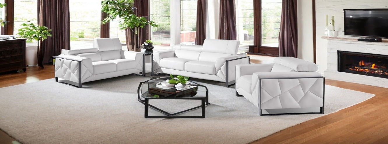 Three Piece White Italian Leather Six Person Seating Set By Homeroots | Sofa Set | Modishstore - 2