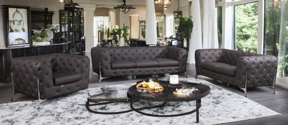 Three Piece Brown Italian Leather Six Person Seating Set By Homeroots | Sofa Set | Modishstore - 2