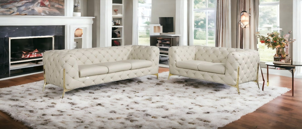 Two Piece Beige Italian Leather Five Person Seating Set By Homeroots | Sofa Set | Modishstore - 2