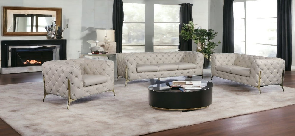 Three Piece Beige Italian Leather Six Person Seating Set By Homeroots | Sofa Set | Modishstore - 2