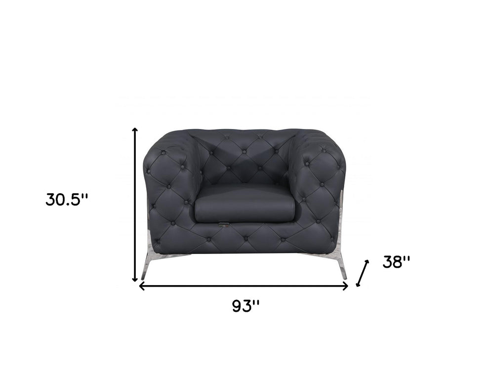 Three Piece Dark Gray Italian Leather Five Person Seating Set By Homeroots | Sofa Set | Modishstore - 6