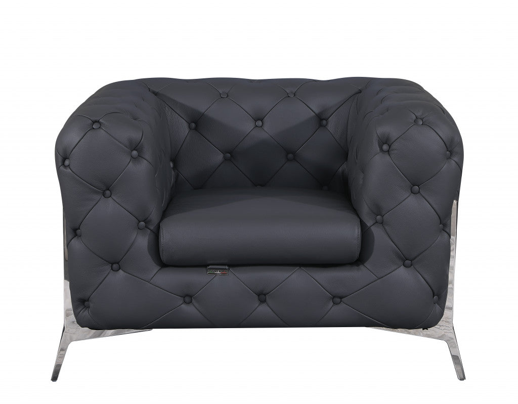 Three Piece Dark Gray Italian Leather Five Person Seating Set By Homeroots | Sofa Set | Modishstore