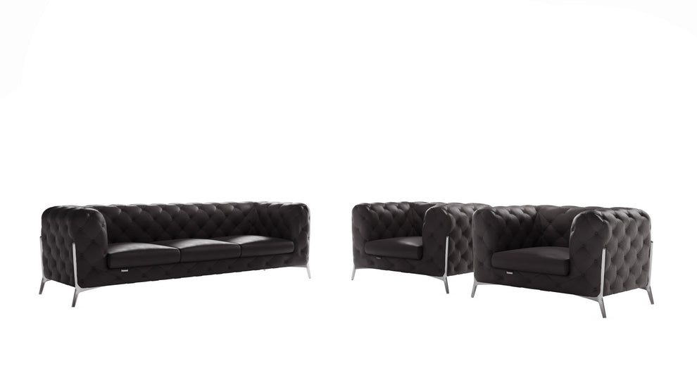 Three Piece Dark Gray Italian Leather Five Person Seating Set By Homeroots | Sofa Set | Modishstore - 5