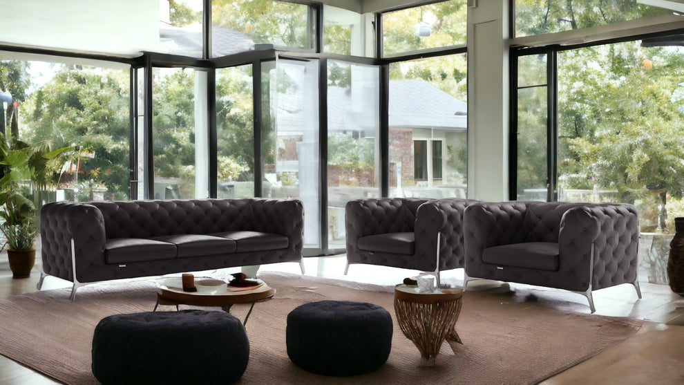Three Piece Dark Gray Italian Leather Five Person Seating Set By Homeroots | Sofa Set | Modishstore - 4